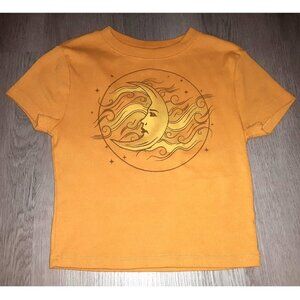 Celestial Moon Yellow Crop Top T-Shirt Short Sleeve Cropped Baby Tee Size Small